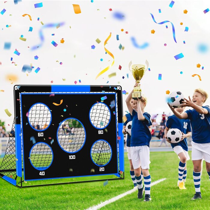 Дитячі ворота для футболу 2-в-1, 150 x 120 см, переносні та стабільні, з 5 цілями, 4 земляні кілочки та сумка, для саду, парку, пляжу (блакитні)