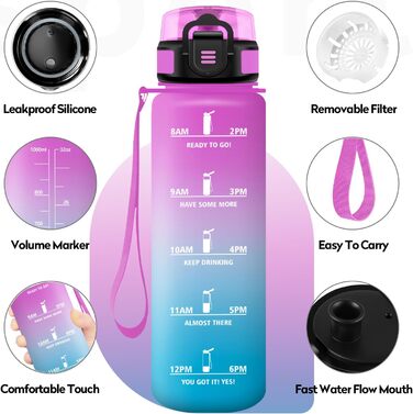 Спортивна пляшка 1л з маркуванням часу, фільтром, для води з газом, велосипеда, бігу, дорослих (1000 мл, Rosenfuchsien-cyan)