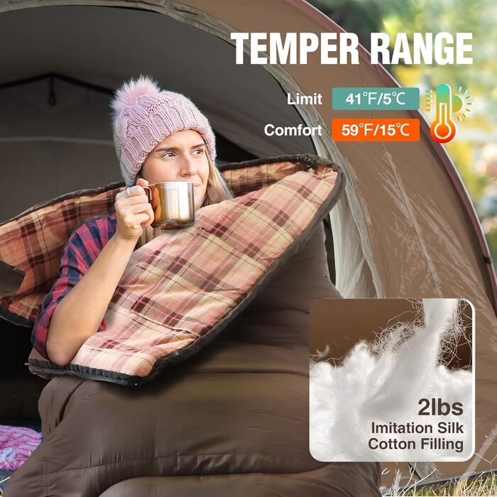 Спальний мішок REDCAMP XL з бавовни, теплий, з капюшоном, фланелевий, компактний, 3-4 сезони, для дорослих та дітей, для кемпінгу, риболовлі, зимовий, коричневий, 2lbs наповнювач