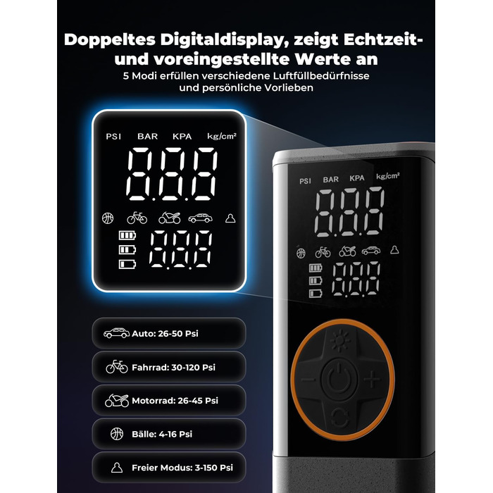 Електричний компресор Oasser з акумулятором 6000mAh, 150 PSI, з двома дисплеями, для авто, мото, велосипеда, м'ячів, подорожей та кемпінгу