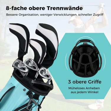 COSTWAY Гольф сумка на візку, сумка для гольфу з 8 відділеннями та водонепроникним чохлом, легка гольф сумка з 5 кишенями та підставкою, футляр для олівців портативна для чоловіків, жінок (Турквіс)