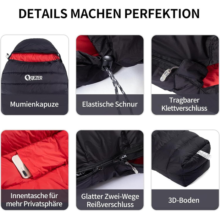 Спальний мішок для дорослих та дітей, зимовий, легкий, Outdoor 8°C ~ -30°C, для кемпінгу та альпінізму, 650 FP гусячий пух, 500г, чорний