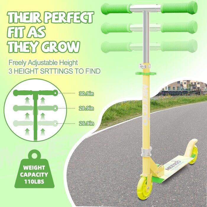 MEE GOO Роликовий самокат для дітей з алюмінію, складний, 3 регульовані висоти, LED колеса, жовтий