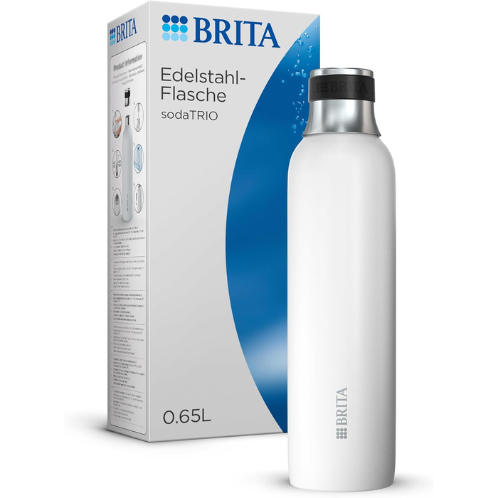 Пляшка BRITA з нержавіючої сталі 0,65 л біла для газування води sodaTRIO, ізольована, подвійні стінки, силіконовий кільце на кришці, преміум-якість
