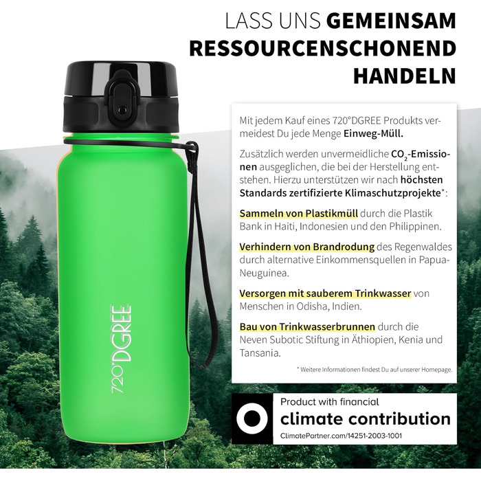 Пляшка для води 720°DGREE 'uberBottle' з ситечком, 650 мл, зелена - Tritan, BPA-Free, для спорту, школи, фітнесу, велосипеда, дітей