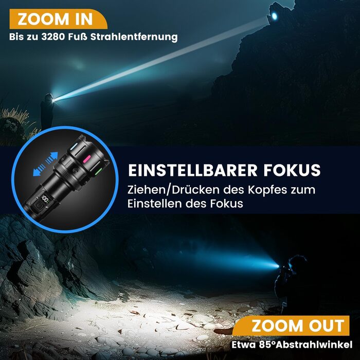LED ліхтар Lekia 500000 Люмен, перезаряджуваний USB-C, 5 режимів, Zoom, водонепроникний, 5000mAh, для кемпінгу та надзвичайних ситуацій