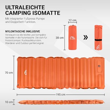 MSPORTS Килимок для кемпінгу Premium, Ultraleichte Isomatte для відпочинку на природі з насосом, вологостійкий для піших прогулянок, трекінгу та кемпінгу (Помаранчевий)