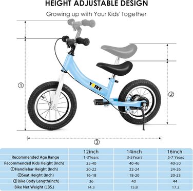 Дитячий велосипед YBIKE 2-в-1: біговел та велосипед, 12/14/16 дюймів, з гальмами та педалями, для дітей 1-7 років, блакитний