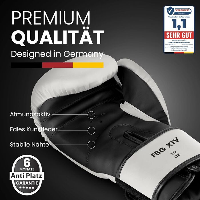 Боксерські рукавички FIGHTR® - Максимальний захист та стабільність | Для боксу, ММА, Муай Тай та кікбоксингу | Розміри 8-16 oz, з сумкою (14 oz, білий/чорний)