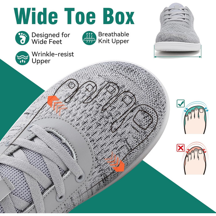 Мінімалістичні босижні кросівки для жінок та чоловіків з широкою переднячкою та нульовим перепадом, легкі та дихаючі. Ідеальні для фітнесу, хайкінгу, бігу та повсякденного носіння (41 EU, широка, сірий 1125)