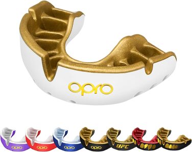 Охоронна капа OPRO Gold для дорослих і дітей, для боксу, MMA, хокею, лакросу та контактних видів спорту, біло-золота, розмір для дорослих (10+), підвищений комфорт