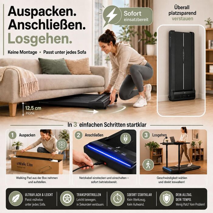 Бігова доріжка Sportstech sWalk Lite Walking Pad для дому та офісу, нахил 6%, до 6 км/год, LED-дисплей, керування через додаток та пульт, компактна, до 150 кг, чорна