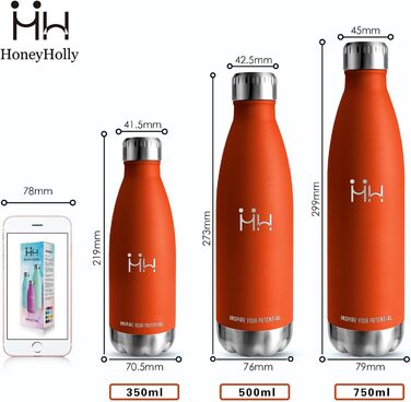 Термос HoneyHolly 750 мл, пляшка для води з нержавіючої сталі, спортивна, без BPA, для фітнесу, велоспорту, звичайні напої, оранжевий колір
