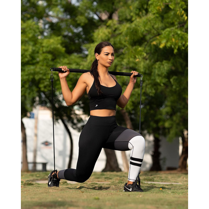 Пілатес Бар для фітнесу Breaking Limits - набір зі стійкою та 6 гумками для дому. Сталь, піна, чорний ремінь