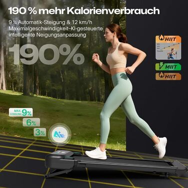 Біговий тренажер Smart з автоматичним нахилом 9%, двигун 2.5 PS Brushless, складаний біговий килимок для дому та офісу, велика площа для бігу, тихий та для суглобів, додаток з AI, World-Tour та HIIT, автоматичний нахил з столом та ручкою підтримки