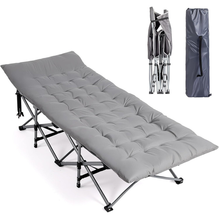 Розкладне ліжко Bonnlo для кемпінгу з матрацом – ліжко для риболовлі, відпочинку на природі, у саду, на пляжі, 190×71x36 см, сірий