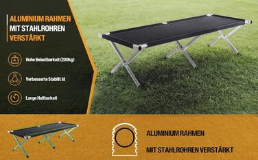 Розкладне ліжко Kronenburg XXL для кемпінгу, 210x72x45 см, міцний сталевий каркас, чорний колір, до 200 кг