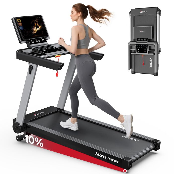 Біговий тренажер JOROTO для дому, складаний, 2.5PS, нахил 1-10%, LED дисплей, 15 програм, 1-16 км/год, велика площа бігової доріжки 130×48 см, Bluetooth, Kinomap, вантажопідйомність 150 кг, чорний