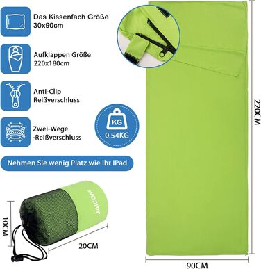 Спальний мішок туристичний, ультралегкий, 2в1, з мікрофібри, для подорожей, зелений