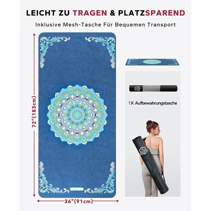 Йога мат HAPBEAR XXL: широка, спортивна, фітнес-мат з антиковзаючим покриттям 198x137 см / 183x116 см / 6 мм, надзвичайно міцна, для пілатесу, тренажерного залу, дому, тренувань, зелена