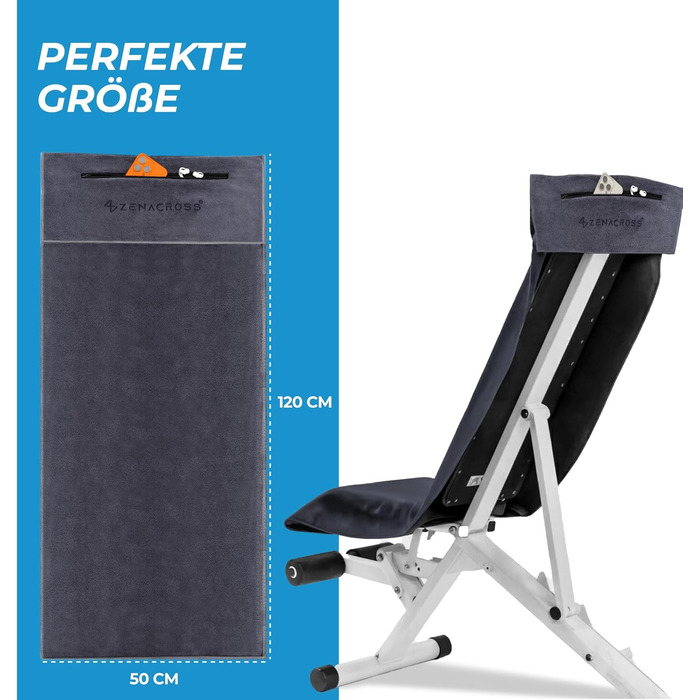 Рушник для фітнесу з мікрофібри 120x50 см - швидковисихаючий, з кишенею на блискавці, м'який спортивний рушник для спортзалу та тренажерного залу (120 x 50 см, сірий)