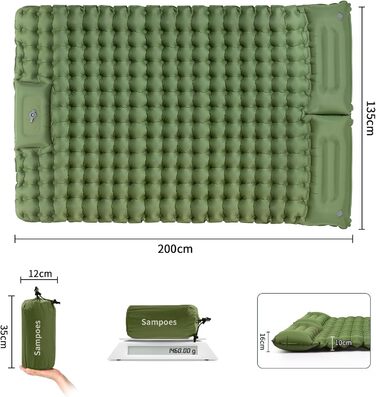 Надувний килимок для кемпінгу Isomatte 10см, самонадувний, з насосом, для туризму та відпочинку на природі (двоспальний, зелений)