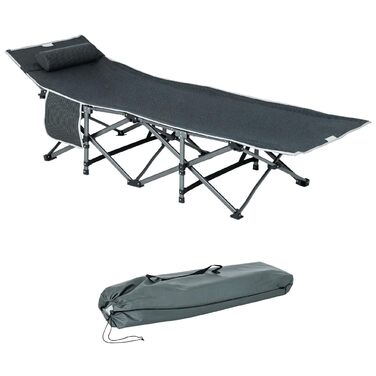 Ліжко похідне Outsunny складане з подушкою та кишенею, до 150 кг, сіре, 188x64.5x53 см - для кемпінгу, подорожей, гостей