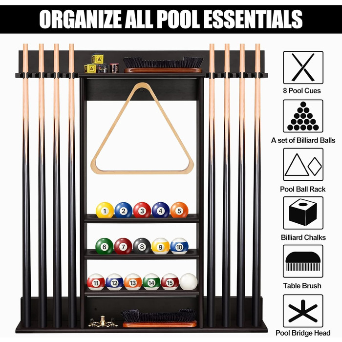 Стенд для київ та м'ячів для більярдного столу, бамбуковий, на 8 київ, з набором куль, органайзер для більярдного залу або клубу, темно-коричневий