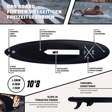 Надувний SUP дошка SUPRFIT для станд-ап паділбордингу, комплект, 330 x 78 x 15 см, до 150 кг, Lailani Black White