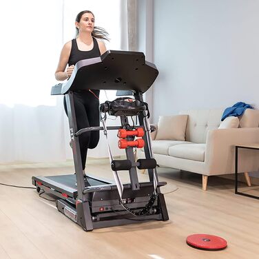 Біговий тренажер FITFIU Fitness MC-500 зі складною конструкцією, автоматичним нахилом, 18 км/год, пульсометром, Bluetooth та підключенням до додатків (Kinomap, Spax, Zwift), площа бігового полотна 41x123 см, максимальне навантаження 120 кг