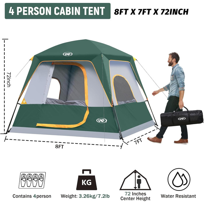 Намет кемпінговий 4-8 осіб Campingzelt водонепроникний, з тентом, зелений 240x210x180 см для кемпінгу, туризму та трекінгу