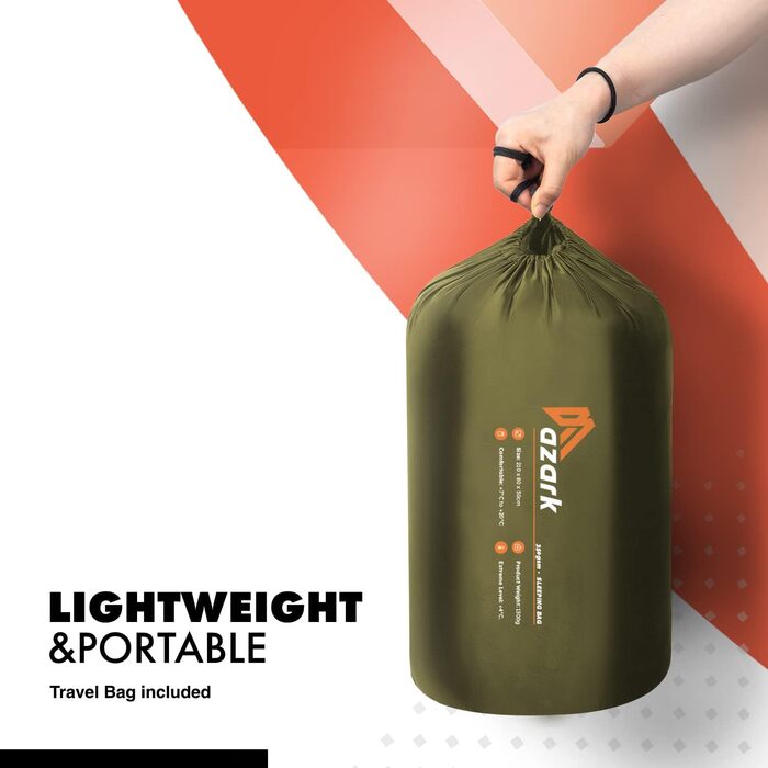 Спальний мішок Azark Premium, 350 г/м², легкий та водонепроникний, для 4 сезонів, кемпінг, туризм, відпочинок на природі, для дорослих та дітей (зелений)