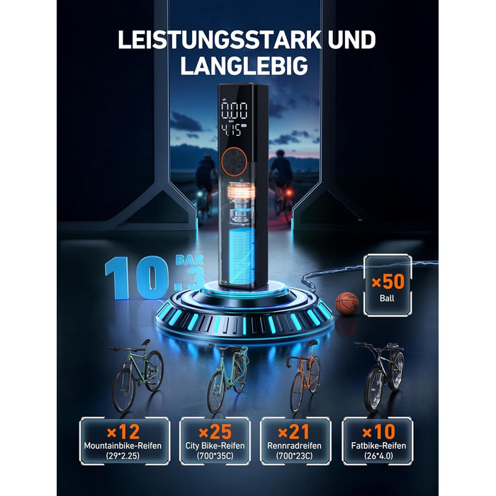 AstroAI Електрична велосипедна помпа, 150 PSI, портативна, акумуляторна, універсальна, для всіх типів велосипедів, з високопродукним мотором, перезаряджається, для міських, шосейних та гірських велосипедів, помаранчевого кольору