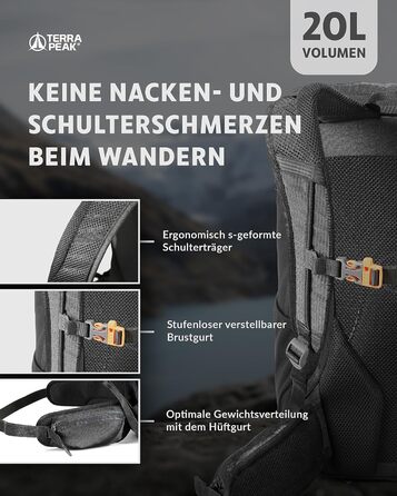 Рюкзак Terra Peak для походів 20 л, чорний, вентильована спинка, тримач для питної системи, дощовик, з поясом на стегнах, для одноденних турів, міський та трекінговий рюкзак