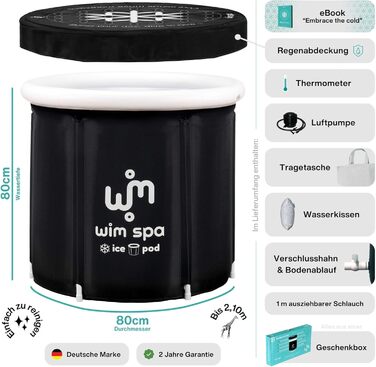 Ice Pod XL від Wim Spa: складане ізольоване ice bath (80 см Ø) для холодної терапії, з термометром та eBook, включає дощовий чохол