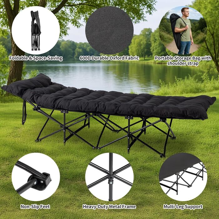 Лежанка туристична складна LEADZM з матрацом, 190x71x36 см, сталевий каркас, чорна