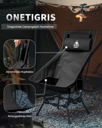 Стілець для кемпінгу OneTigris DRAGONHIDE, висока спинка, 125 кг, складний, легкий, для риболовлі з кишенями, ультралегкий для відпочинку на природі, туризму (чорний)