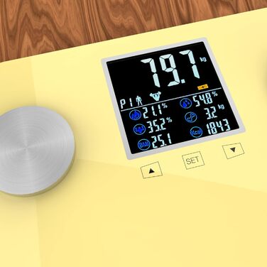 WottoCare – професійна ваги-аналізатор жирової маси тіла з додатком, 18 вимірювань, цифровий дисплей, для декількох користувачів, контроль прогресу, жовта