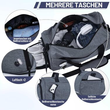 Спортивна сумка-дуфел для чоловіків та жінок з відділенням для взуття та мокрих речей, водонепроникна ручна поклажа (35L, сірий)