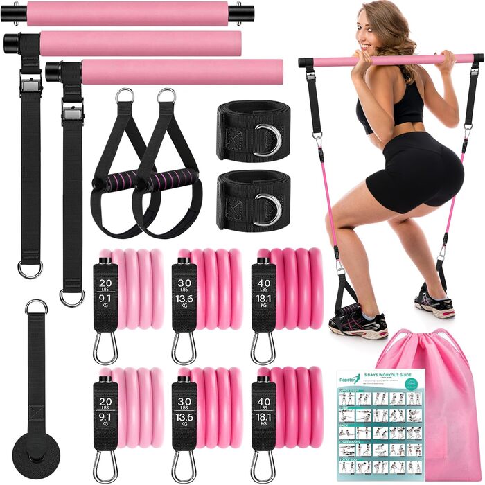 Pilates Bar WenYa з гумовими стрічками для фітнесу, 82 кг (рожевий) + кріплення для дверей та ремінці на щиколотки. Пілатес, йога, домашні тренування.