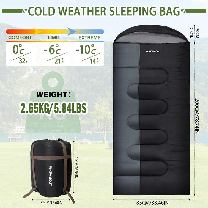 Сплячий мішок Outdoor для дорослих, машинного прання, зимовий, водонепроникний, 3-4 сезони, з компресійним мішком. Підходить для кемпінгу, походів, подорожей. Температурний режим: 0°C (комфорт 5°C). Чорний (220x85 см, L)