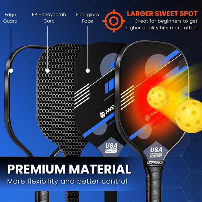 Набір ракет для піклболу Mayboom (2 або 4 шт.) з м'ячами та сумкою, схвалені USAPA, фібергласові ракетки для початківців та професіоналів