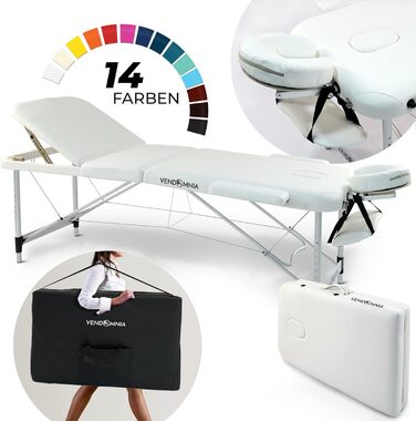 Масажний стіл VENDOMNIA з алюмінієвим каркасом, 3 зони, регулювання висоти, з високоякісною підголівником, сумкою, підлокітниками, білий, складний
