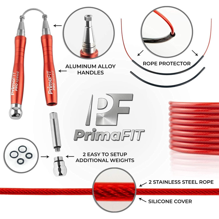 Скакалка PrimaFIT для дорослих 3м, регульована з обважнювачами, 2 підшипники, антиковзні ручки, сталева мотузка, для боксу, MMA, кросфіту, з чохлом, червона