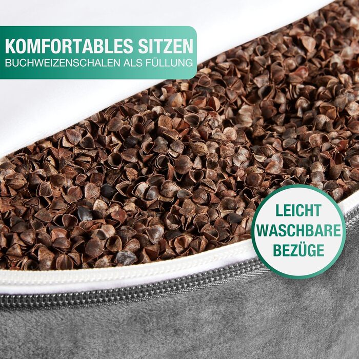 Йога подушка для медитації – кругла подушка з наповнювачем з лушпини гречаниці – 30 см, 14 см, збірна інструкція (PDF), знімний оксамитовий чохол (антрацит)