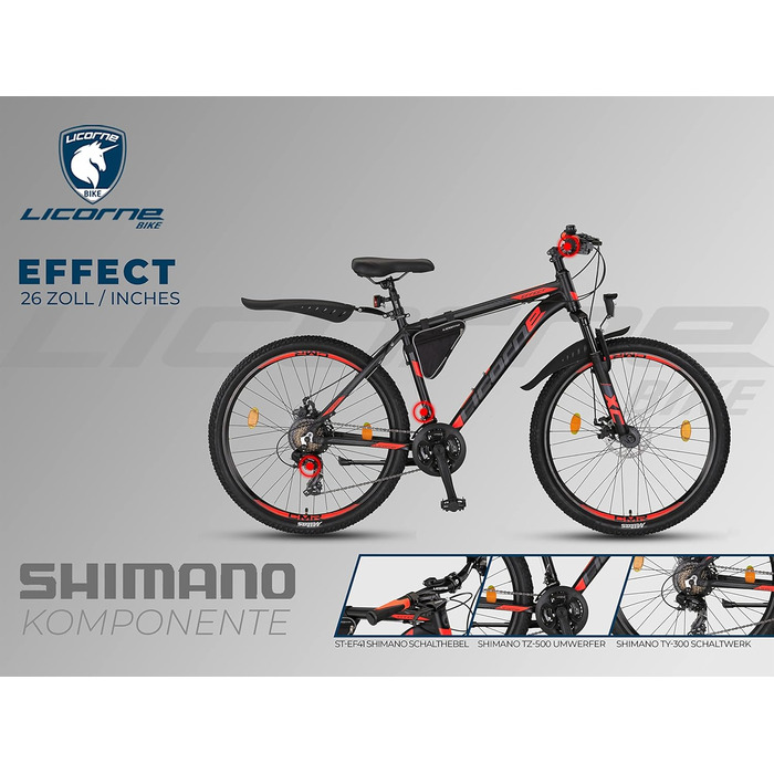 Гірський велосипед Licorne Bike Effect Premium, алюмінієвий, 21 швидкість, дискові гальма, для хлопців та дівчат, 26 дюймів, чорний/помаранчевий