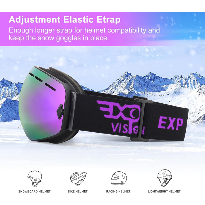Сноубордична маска EXP VISION для чоловіків і жінок, 100% UV400, антифог, сферична лінза, для окулярів, універсальний розмір, колір Grapes