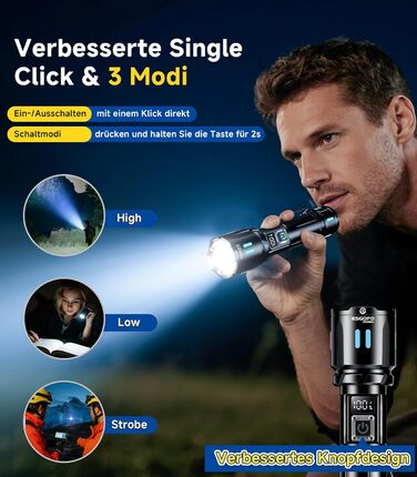 LED ліхтар Esgofo перезарядна, 1000000 люменів, дальність 1000 м, регульований фокус, 15 годин роботи, USB-C, для кемпінгу та безпеки