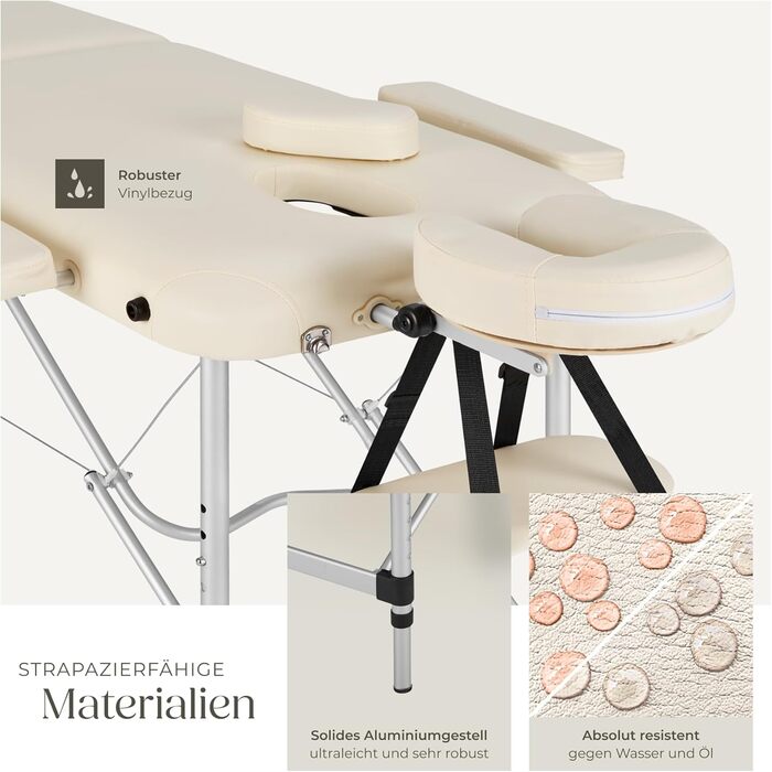 Масажний стіл Tectake 2 зони, складаний, з регулюванням висоти, з аксесуарами (головна підтримка, підлокітники, сумка) - бежевий