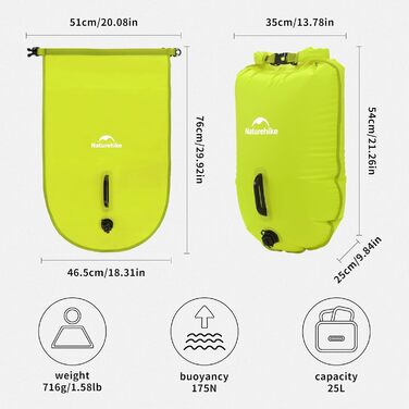Надувна плавуча шина Naturehike 18L з двома повітряними камерами, водонепроникний мішок, пляжна сумка з регульованим поясом для плавання, жовта